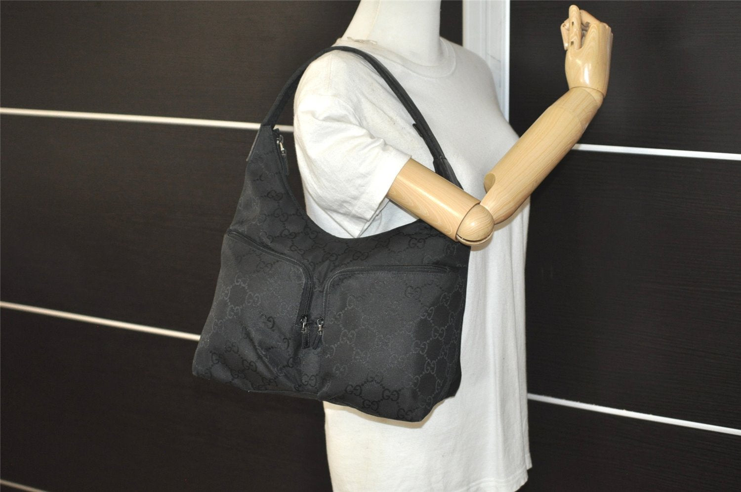 Authentic GUCCI Shoulder Hand Bag Purse GG Nylon Leather 0013380 Black 9087I