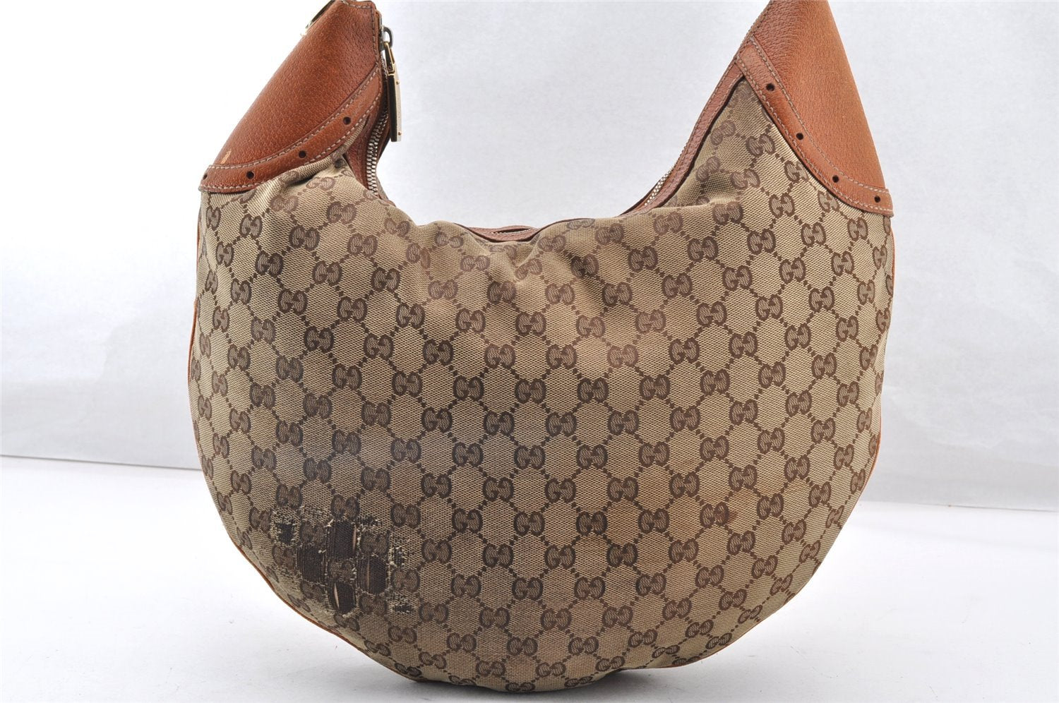 Authentic GUCCI Horsebit Shoulder Hand Bag GG Canvas Leather 145764 Brown 9088I