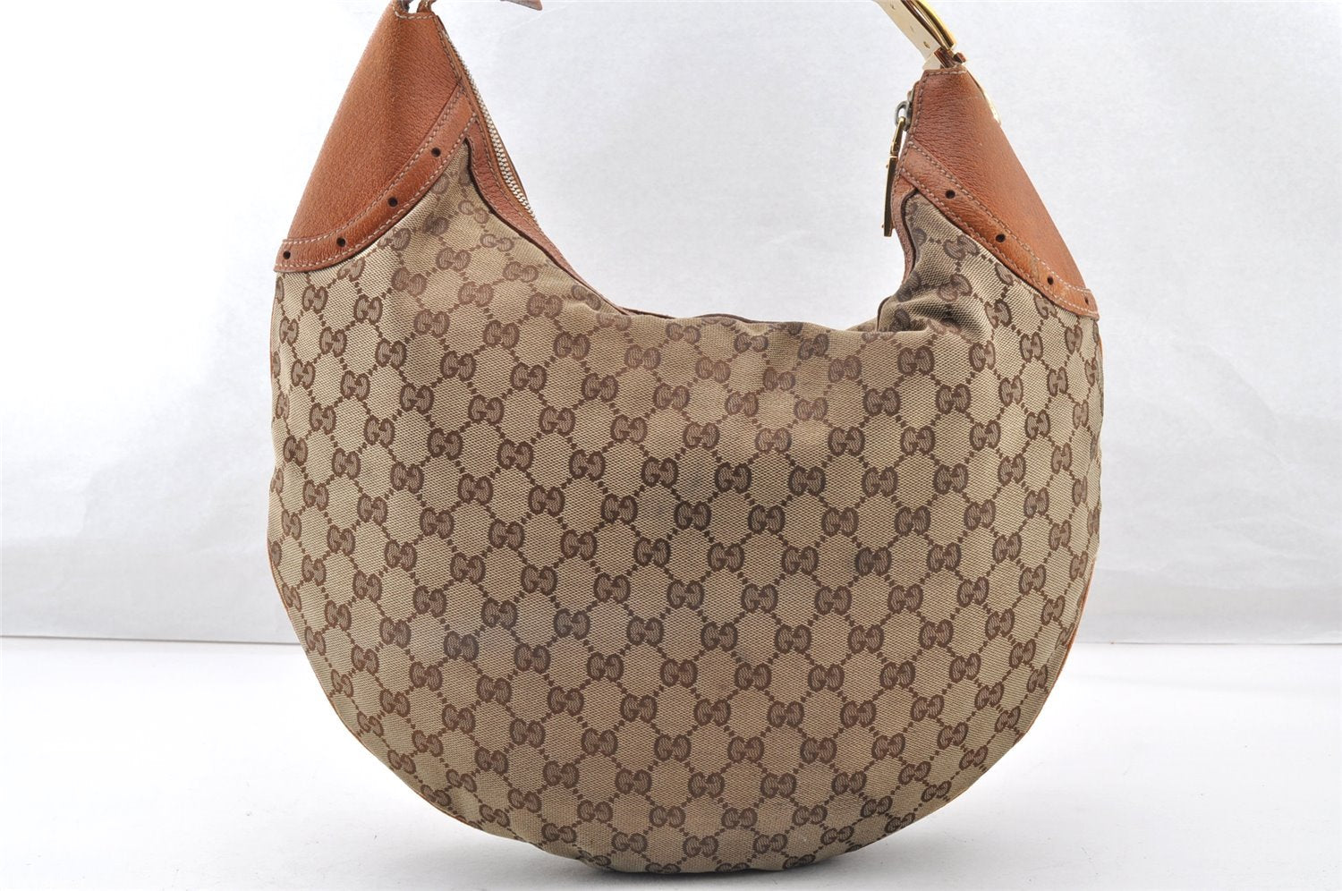 Authentic GUCCI Horsebit Shoulder Hand Bag GG Canvas Leather 145764 Brown 9088I