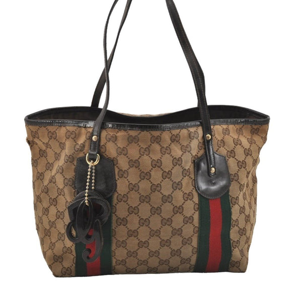 Authentic GUCCI Jolie Web Sherry Line Tote Bag GG Canvas 211971 Brown Junk 9091I
