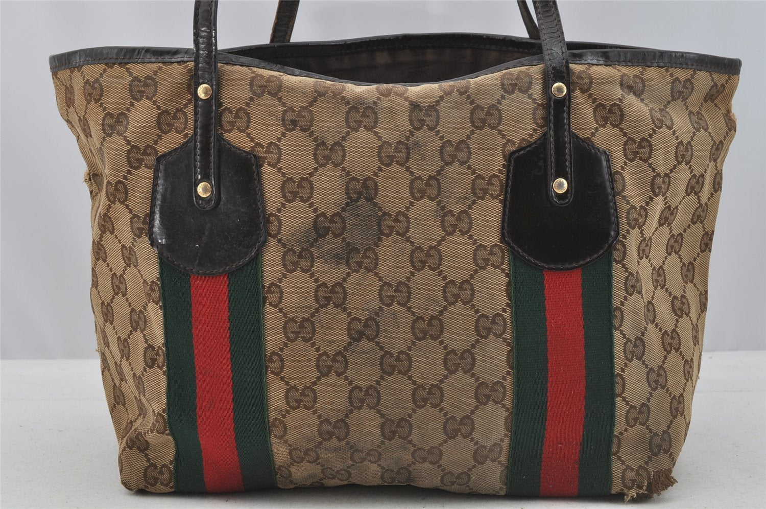 Authentic GUCCI Jolie Web Sherry Line Tote Bag GG Canvas 211971 Brown Junk 9091I