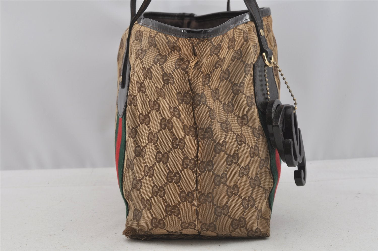 Authentic GUCCI Jolie Web Sherry Line Tote Bag GG Canvas 211971 Brown Junk 9091I