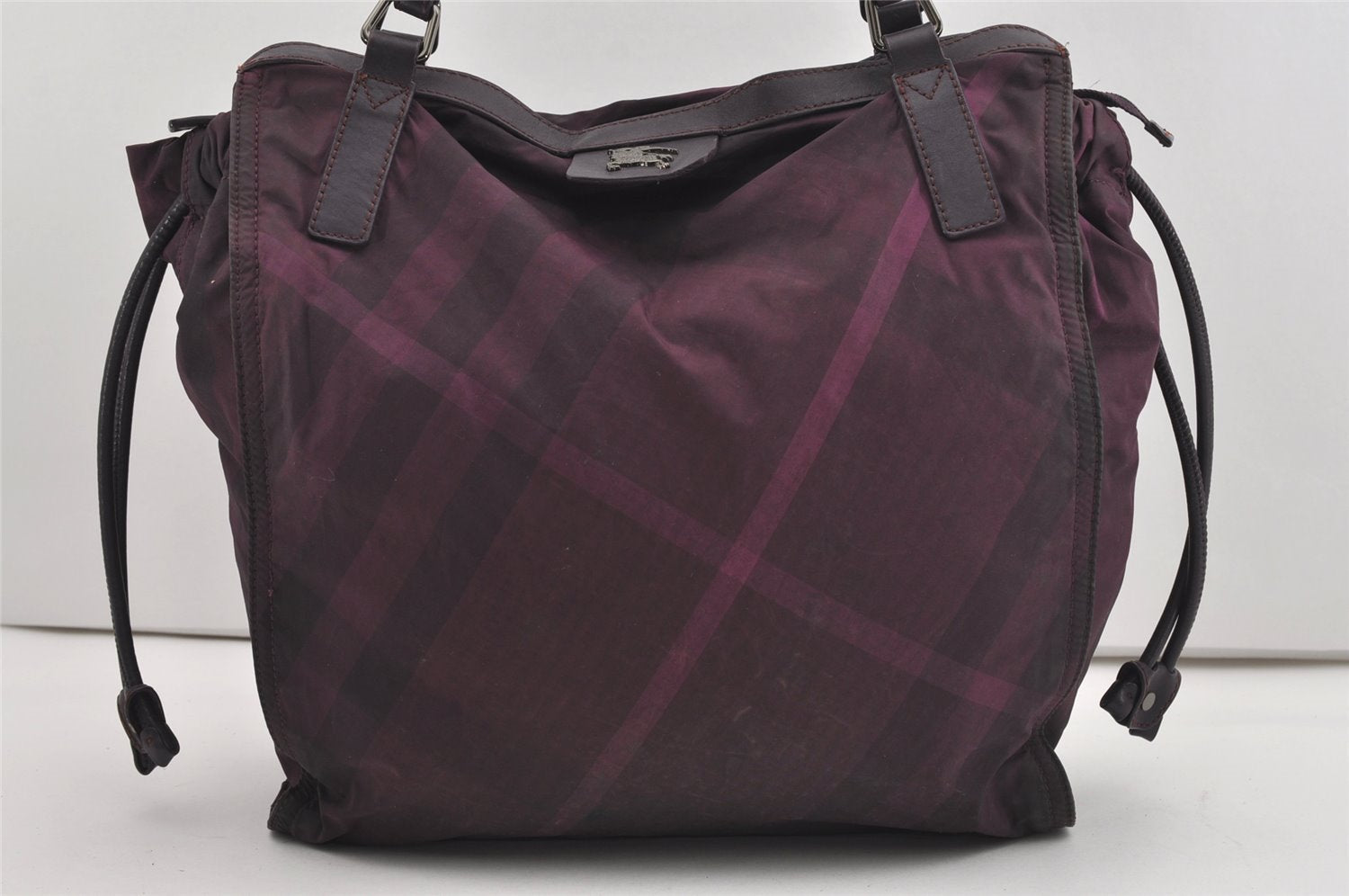 Authentic BURBERRY Check Shoulder Hand Bag Polyester Leather Purple 9094I