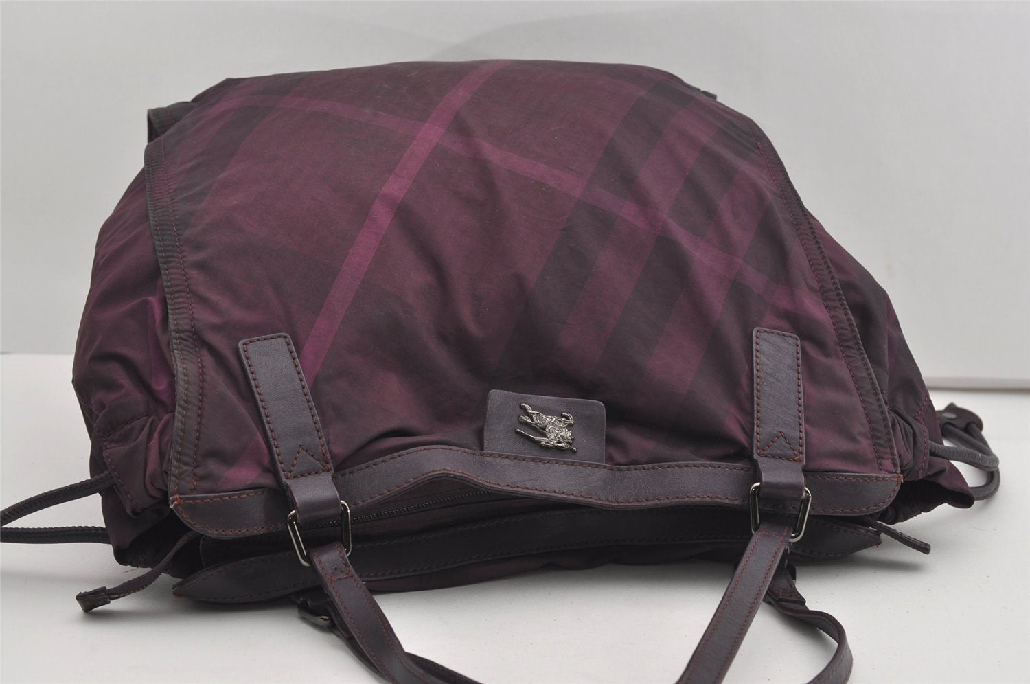 Authentic BURBERRY Check Shoulder Hand Bag Polyester Leather Purple 9094I