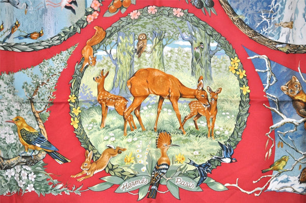 Authentic HERMES Carre 90 Scarf "Les Quatre Saisons" Silk Red 9099J