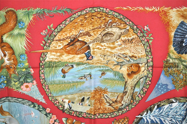 Authentic HERMES Carre 90 Scarf "Les Quatre Saisons" Silk Red 9099J