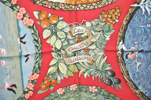 Authentic HERMES Carre 90 Scarf "Les Quatre Saisons" Silk Red 9099J