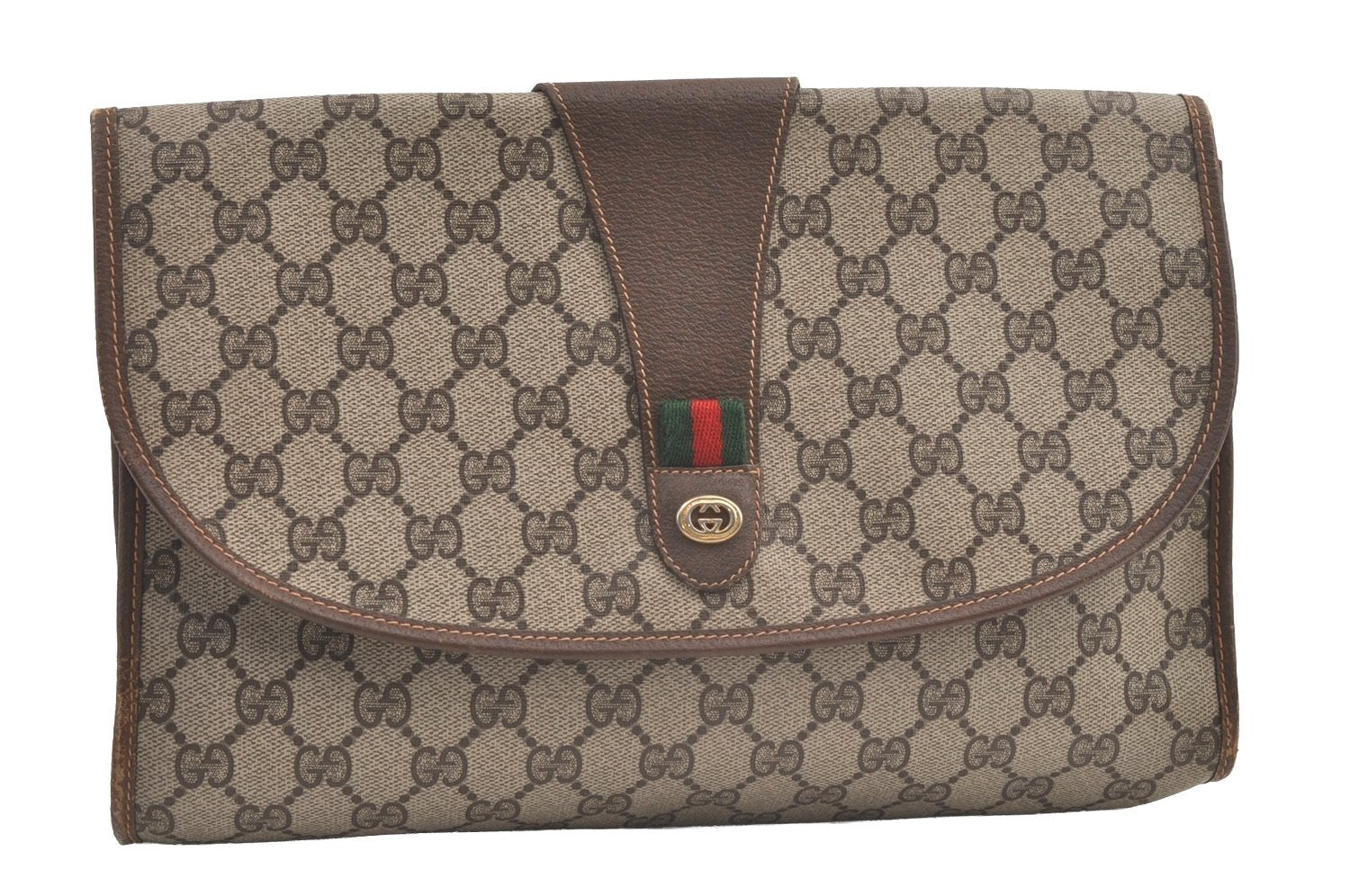 Authentic GUCCI Web Sherry Line Clutch Hand Bag Purse GG PVC Leather Brown 9104J