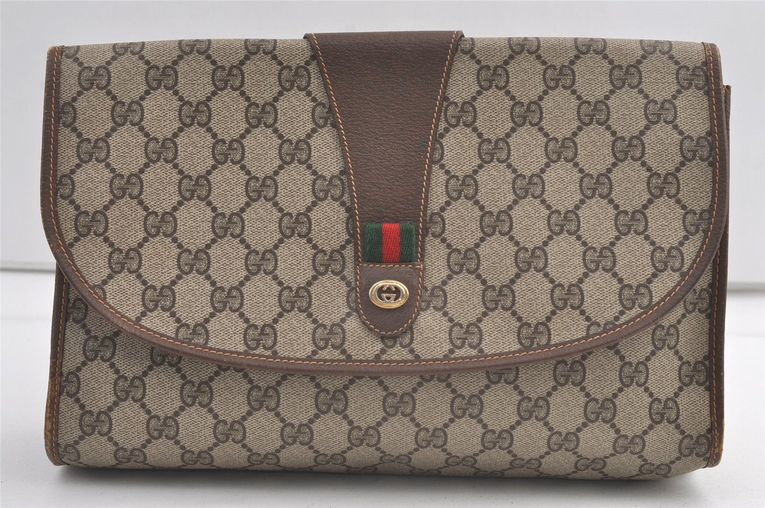 Authentic GUCCI Web Sherry Line Clutch Hand Bag Purse GG PVC Leather Brown 9104J