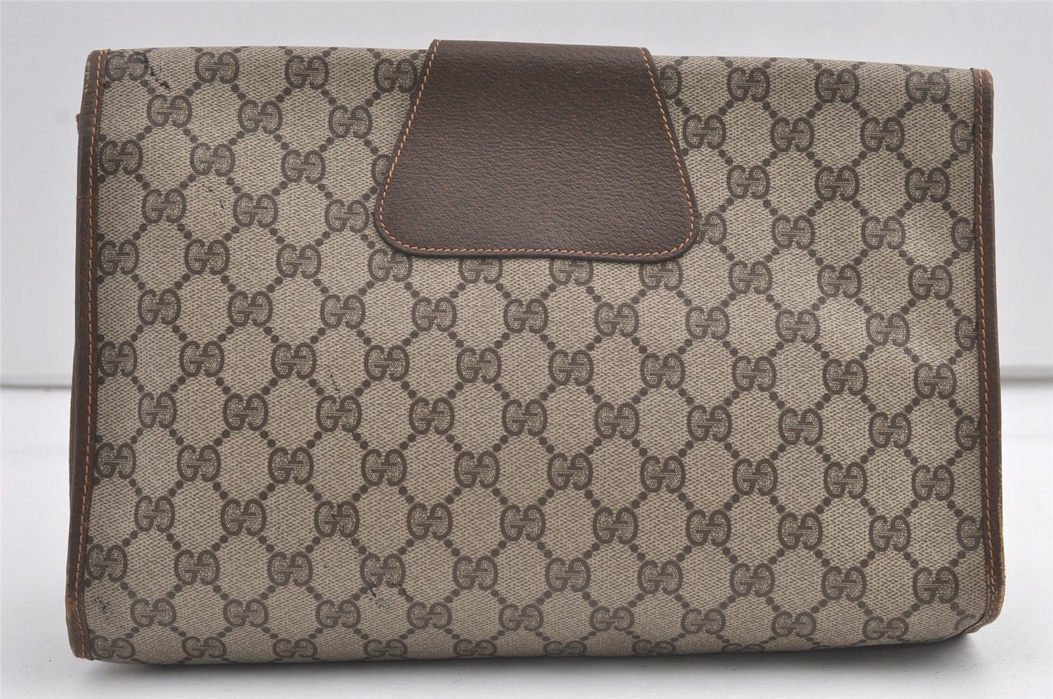 Authentic GUCCI Web Sherry Line Clutch Hand Bag Purse GG PVC Leather Brown 9104J