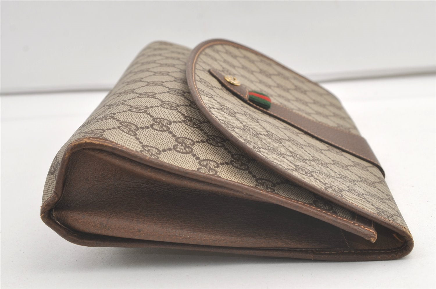 Authentic GUCCI Web Sherry Line Clutch Hand Bag Purse GG PVC Leather Brown 9104J