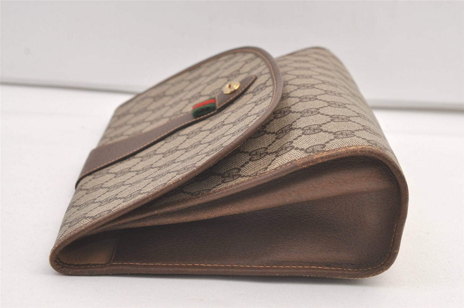 Authentic GUCCI Web Sherry Line Clutch Hand Bag Purse GG PVC Leather Brown 9104J