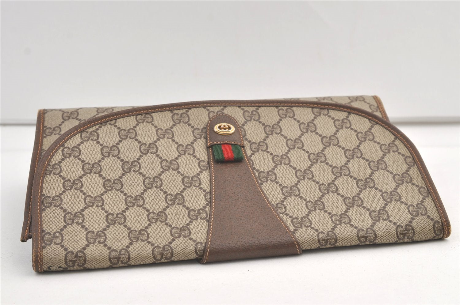 Authentic GUCCI Web Sherry Line Clutch Hand Bag Purse GG PVC Leather Brown 9104J