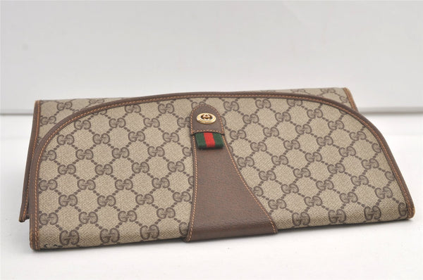 Authentic GUCCI Web Sherry Line Clutch Hand Bag Purse GG PVC Leather Brown 9104J