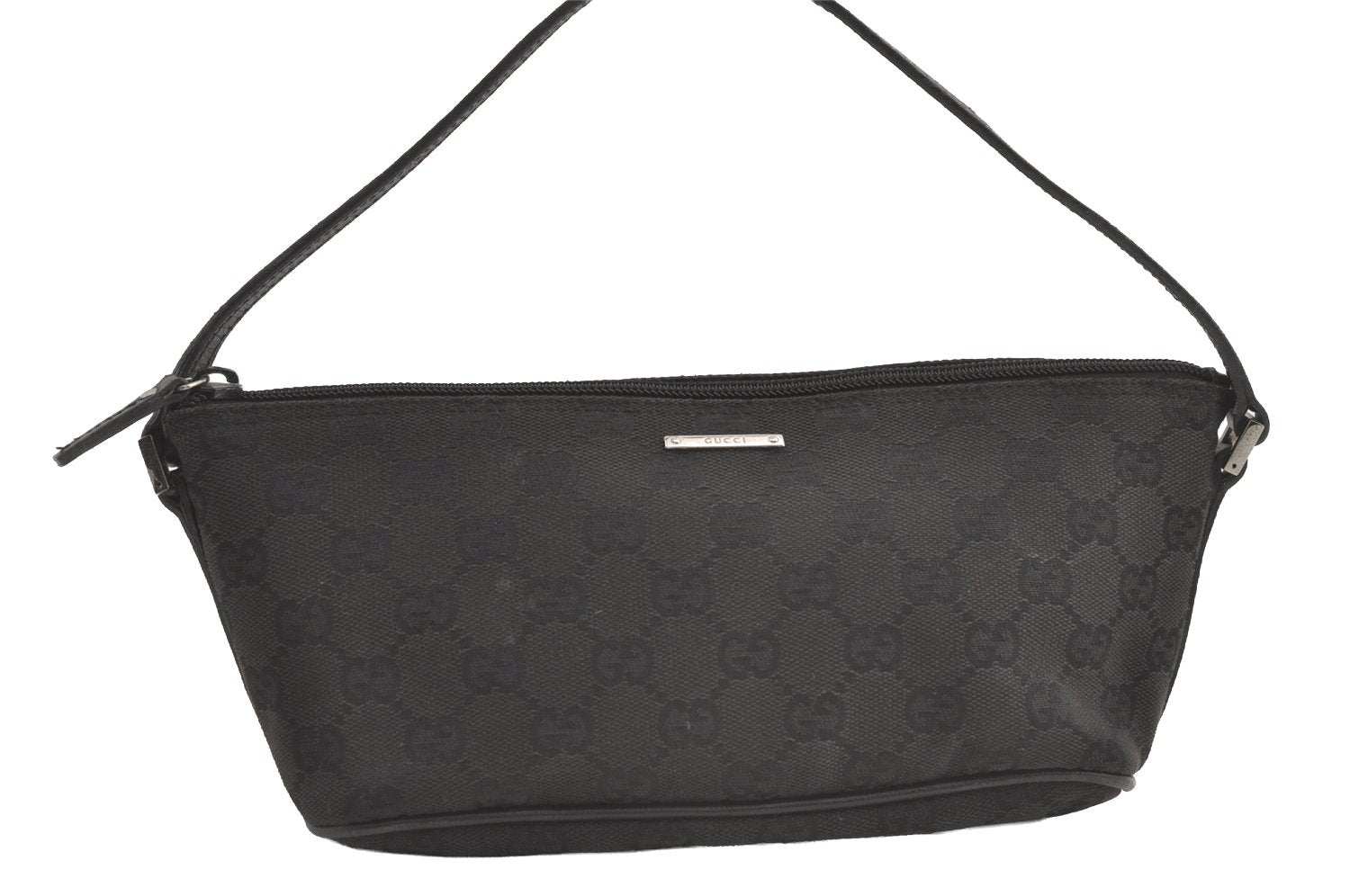 Authentic GUCCI Hand Bag Pouch Purse GG Canvas Leather 07198 Black 9107J