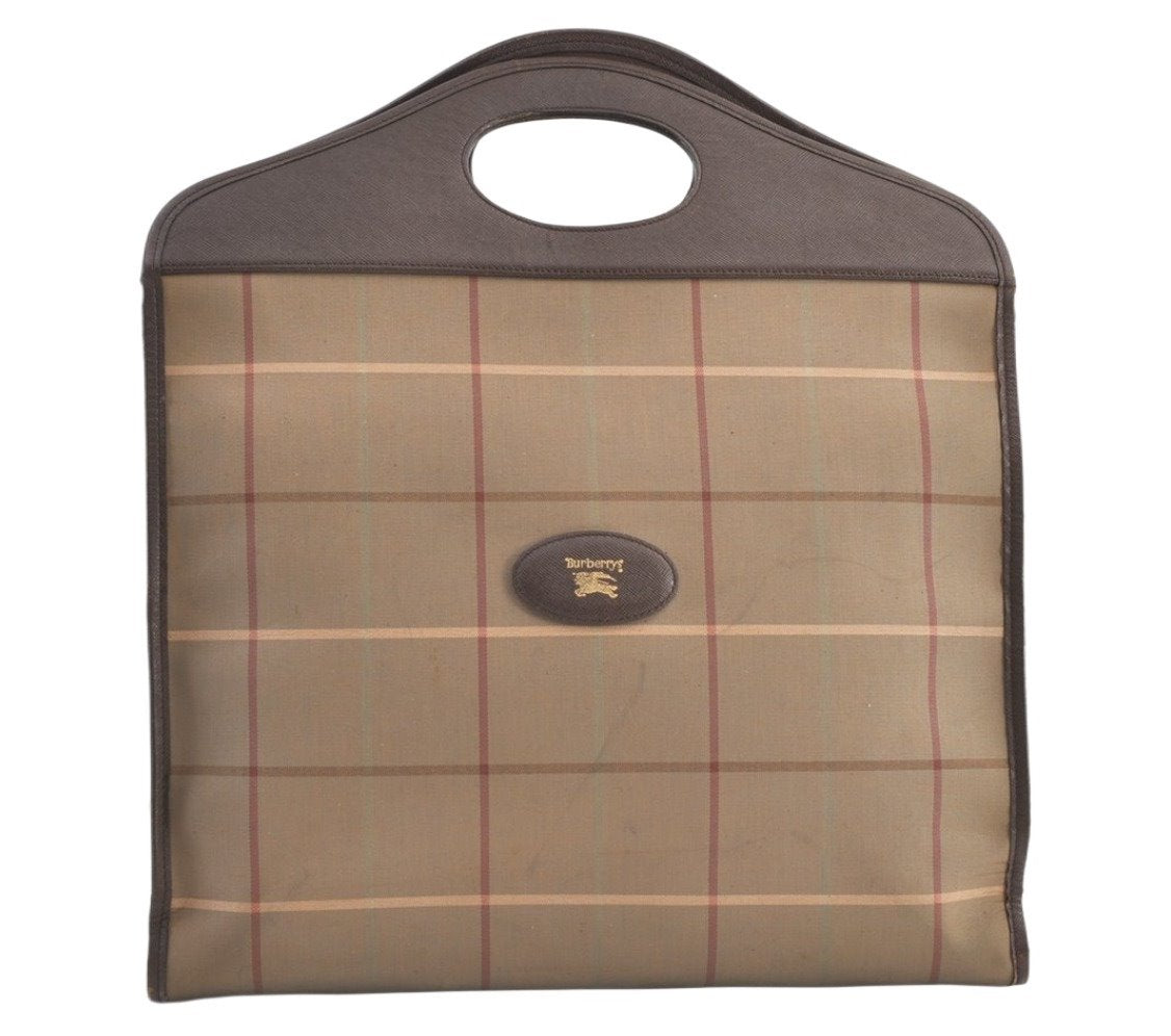 Authentic Burberrys Vintage Check Canvas Leather Hand Bag Beige Khaki 9108J