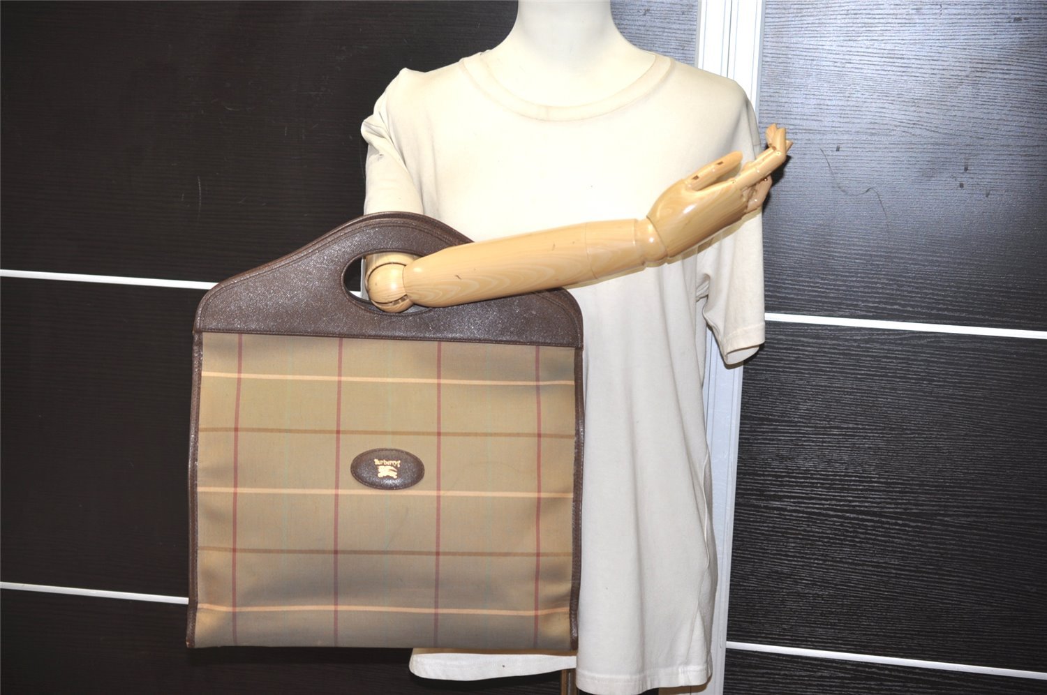 Authentic Burberrys Vintage Check Canvas Leather Hand Bag Beige Khaki 9108J