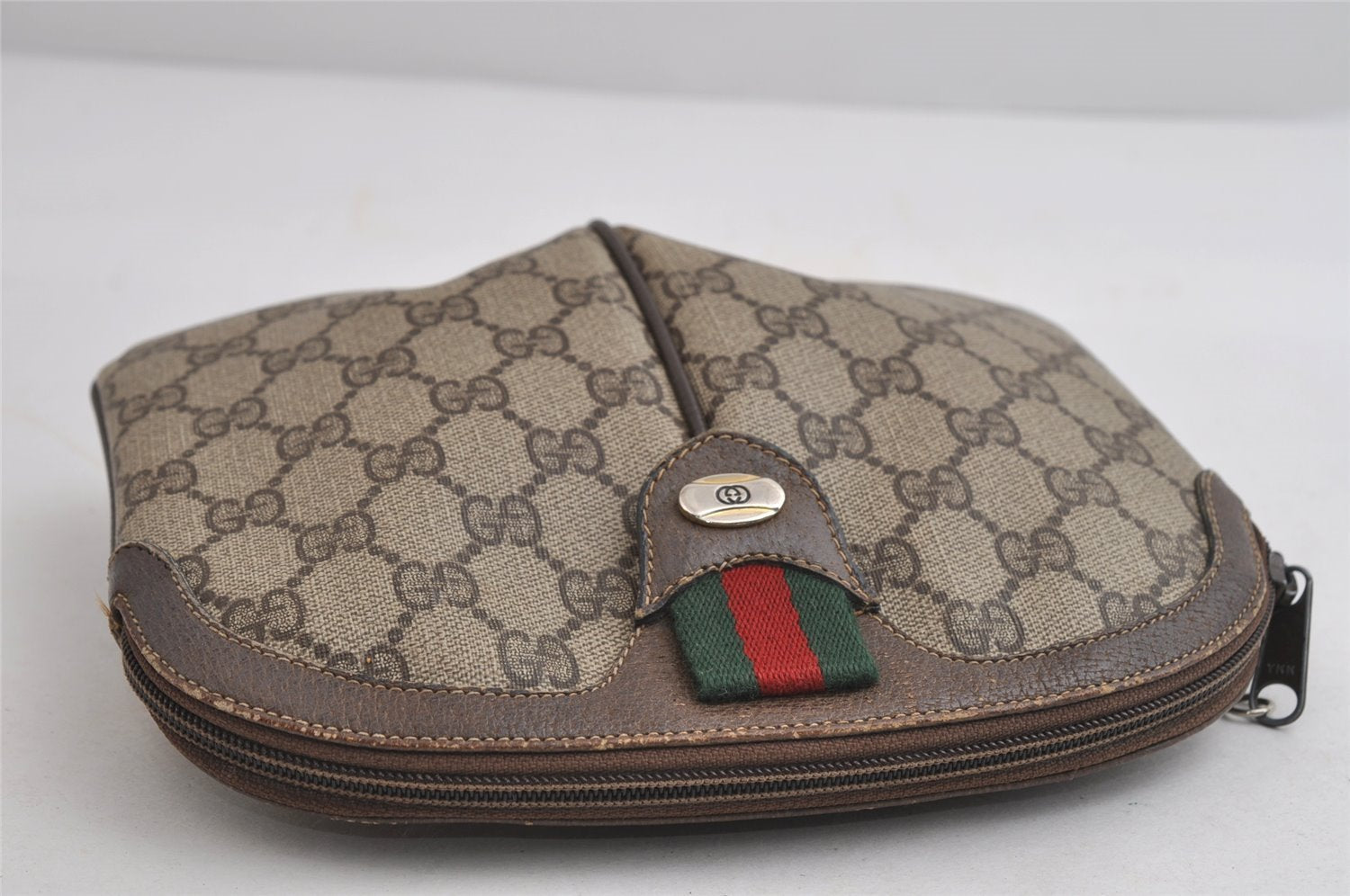 Authentic GUCCI Web Sherry Line Shoulder Bag GG PVC Leather Brown Junk 9112I