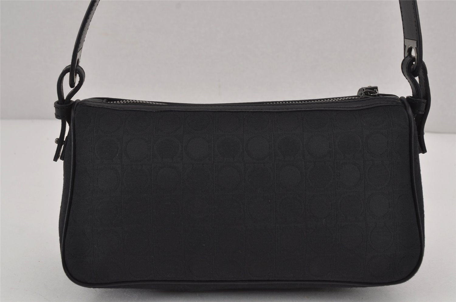 Authentic Salvatore Ferragamo Gancini Canvas Leather Shoulder Bag Black 9113J