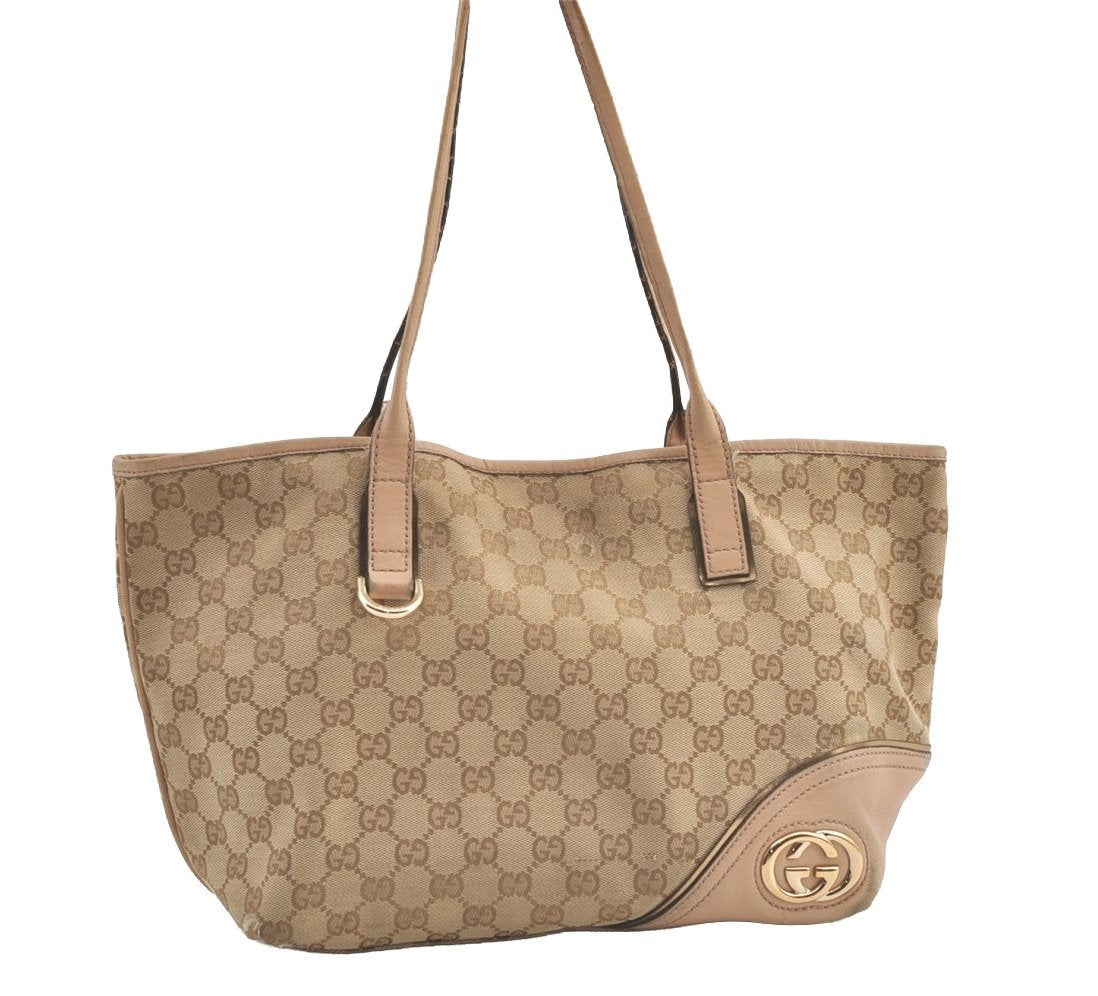 Authentic GUCCI New Britt Shoulder Tote Bag GG Canvas Leather 169946 Beige 9116J