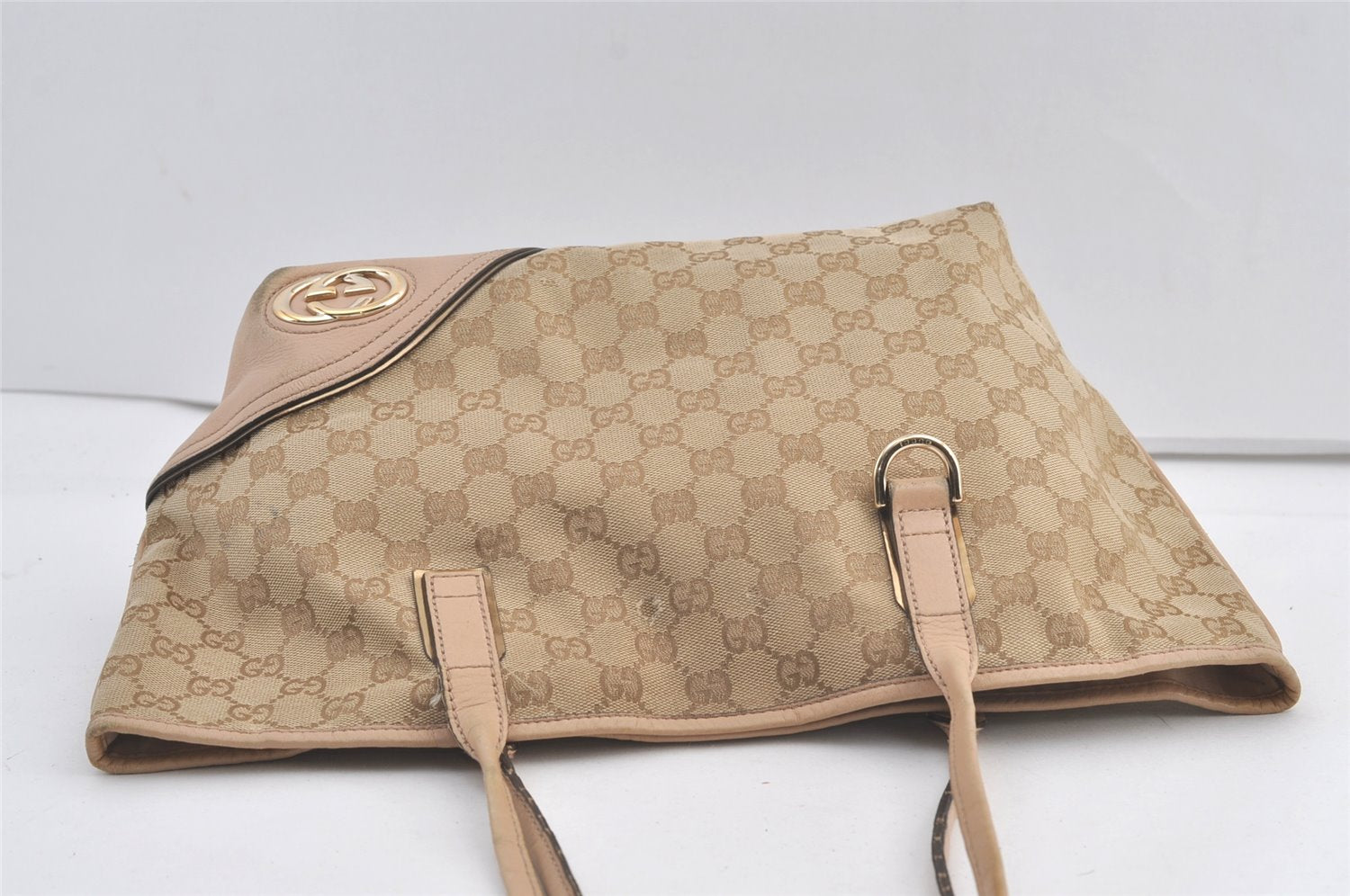 Authentic GUCCI New Britt Shoulder Tote Bag GG Canvas Leather 169946 Beige 9116J