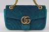 Authentic GUCCI GG Marmont Chain Shoulder Cross Bag Velour 443497 Blue 9121I