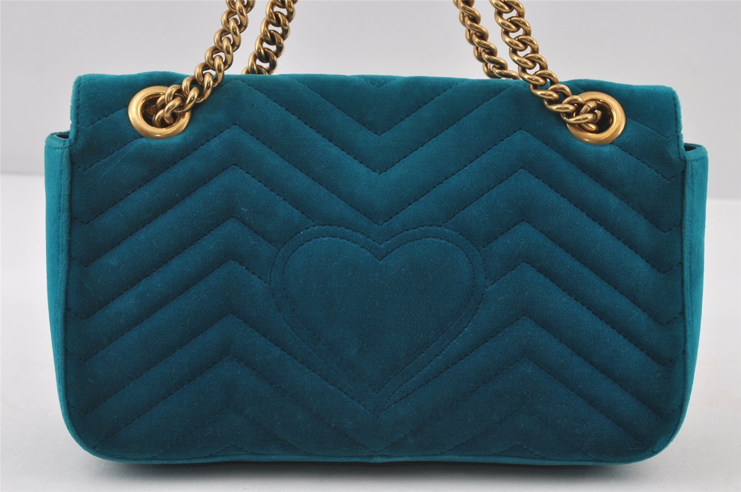 Authentic GUCCI GG Marmont Chain Shoulder Cross Bag Velour 443497 Blue 9121I