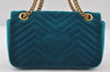 Authentic GUCCI GG Marmont Chain Shoulder Cross Bag Velour 443497 Blue 9121I