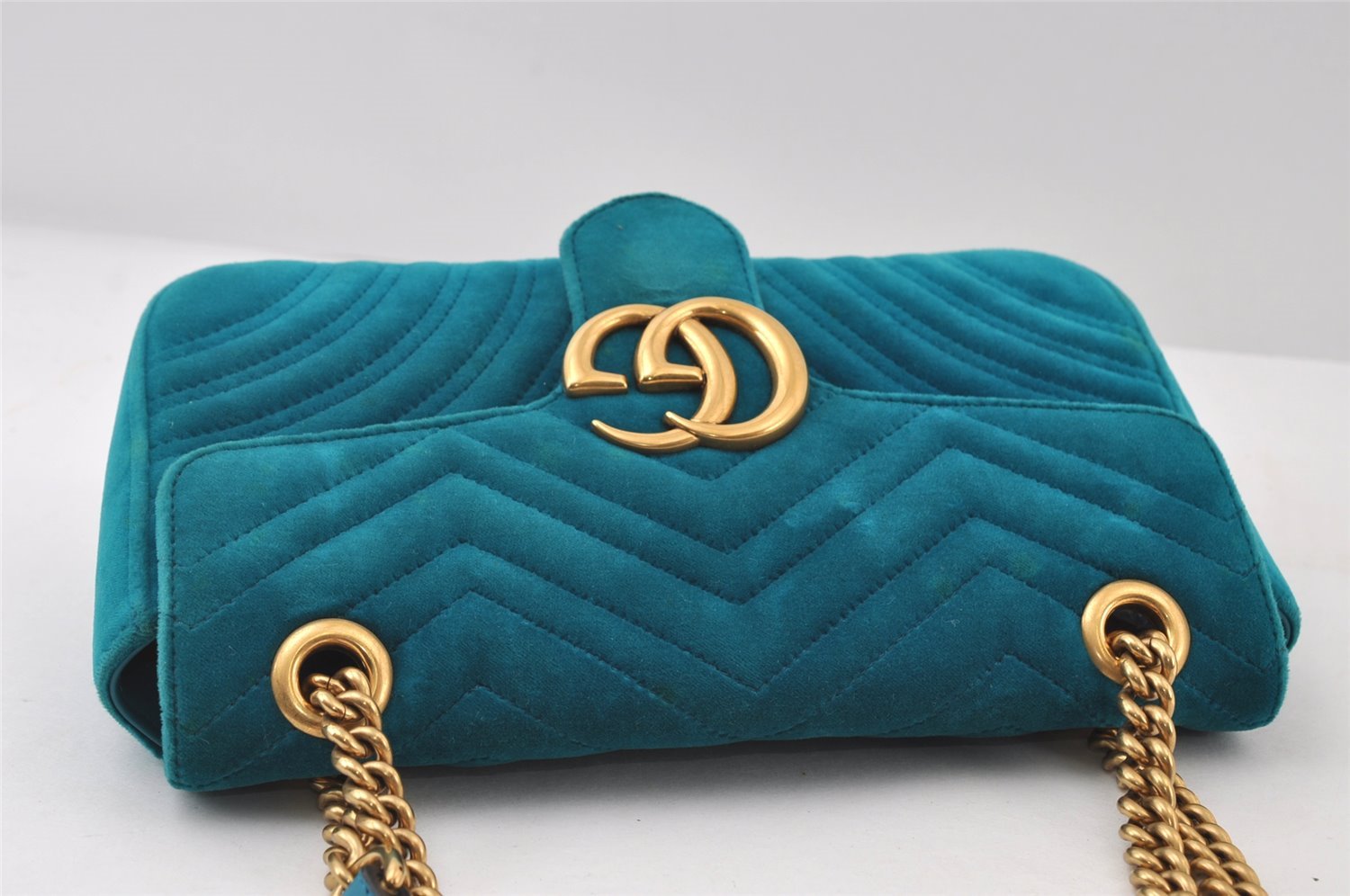 Authentic GUCCI GG Marmont Chain Shoulder Cross Bag Velour 443497 Blue 9121I