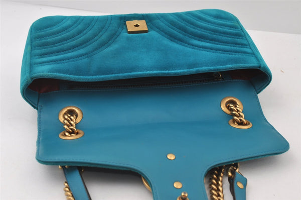 Authentic GUCCI GG Marmont Chain Shoulder Cross Bag Velour 443497 Blue 9121I