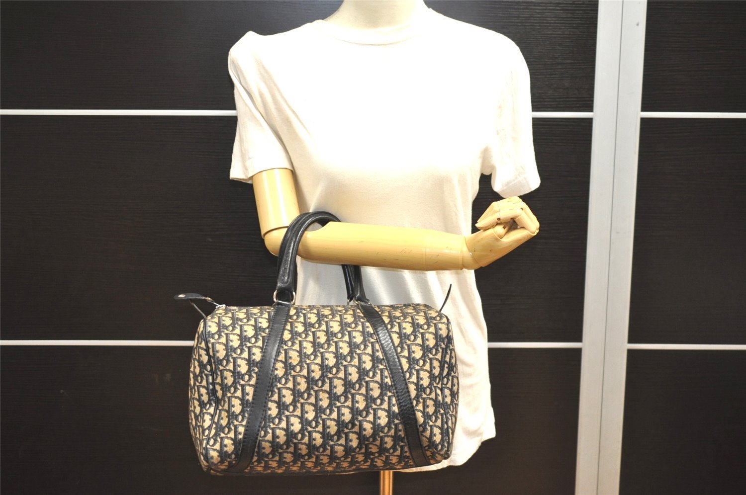 Authentic Christian Dior Trotter Hand Boston Bag Canvas Leather Blue 9122I