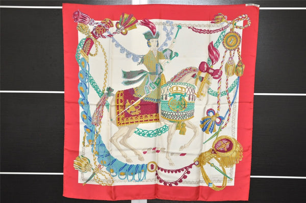 Authentic HERMES Carre 90 Scarf "Le Timbalier" Silk Red 9122J
