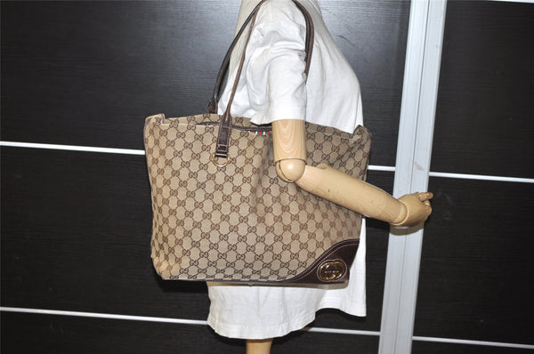 Authentic GUCCI New Britt Shoulder Tote Bag GG Canvas Leather 169945 Brown 9124I
