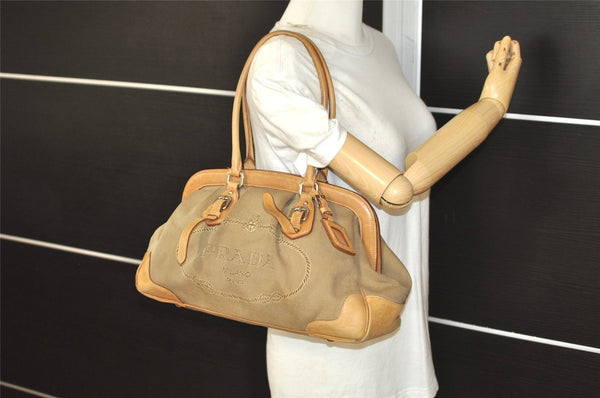 Authentic PRADA Vintage Canvas Leather Shoulder Hand Bag Brown 9128I