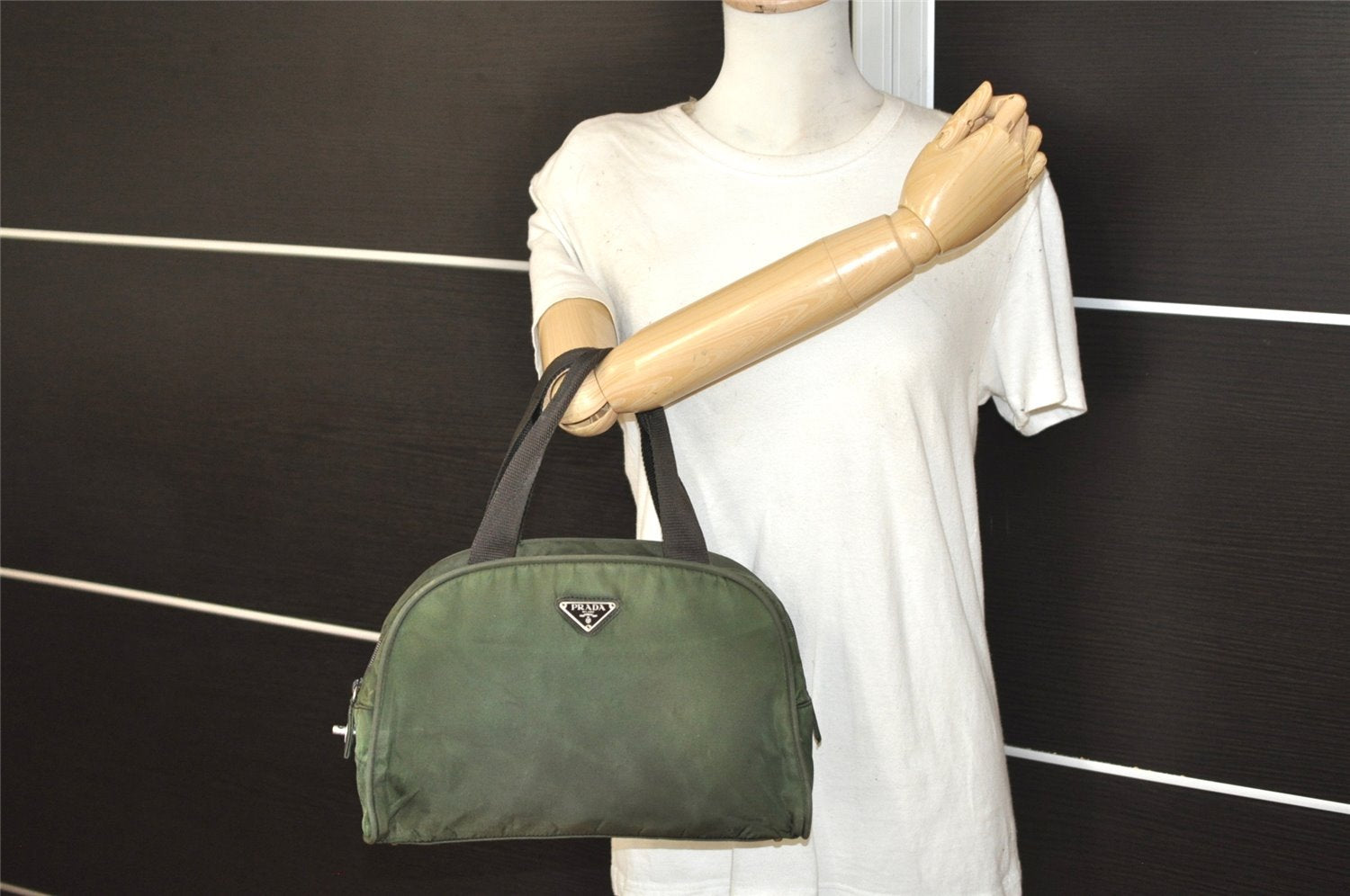 Authentic PRADA Vintage Nylon Tessuto Hand Boston Bag Purse Green 9144I