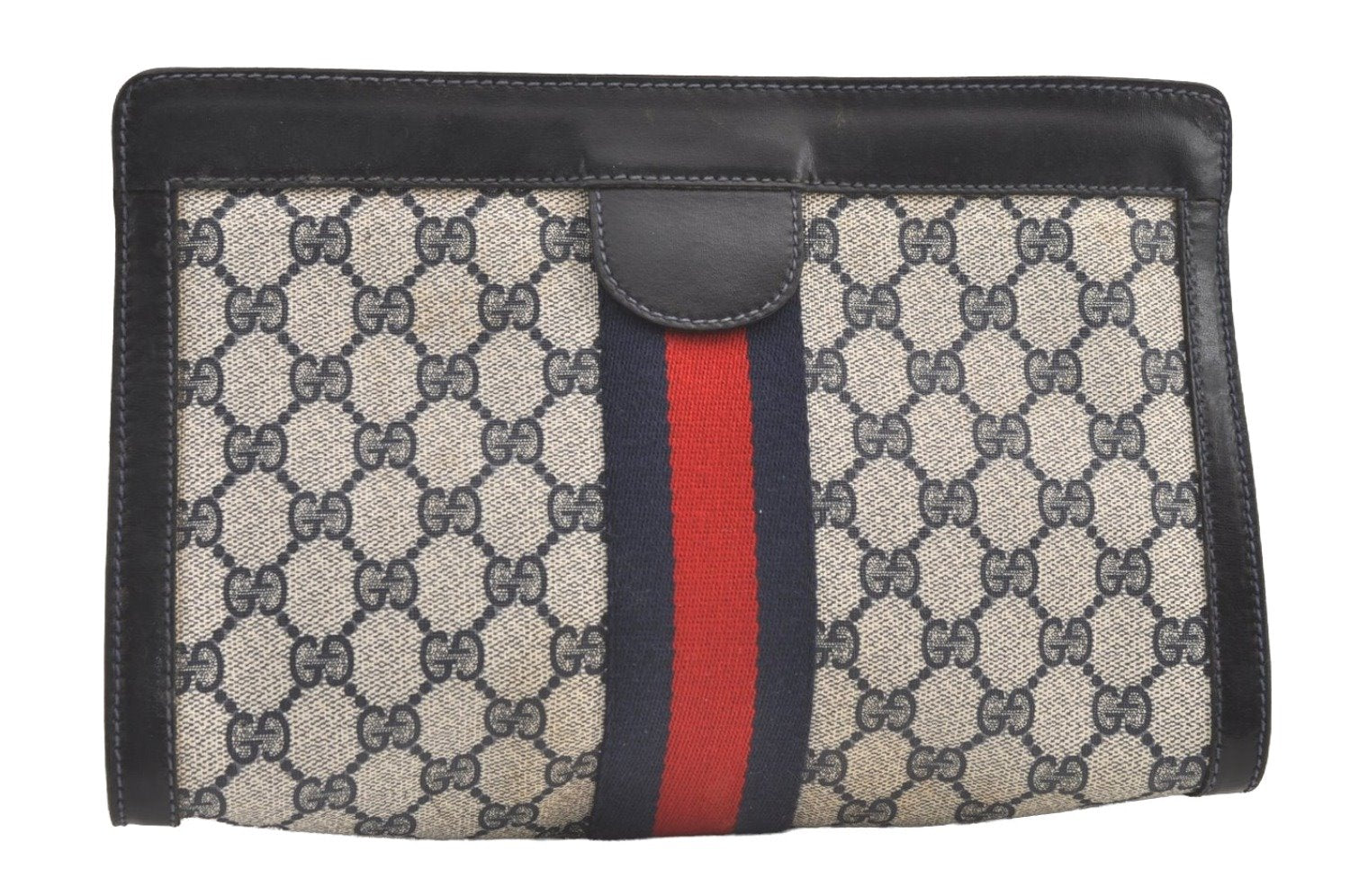 Authentic GUCCI Sherry Line Clutch Hand Bag GG PVC Leather Navy Blue Junk 9147J