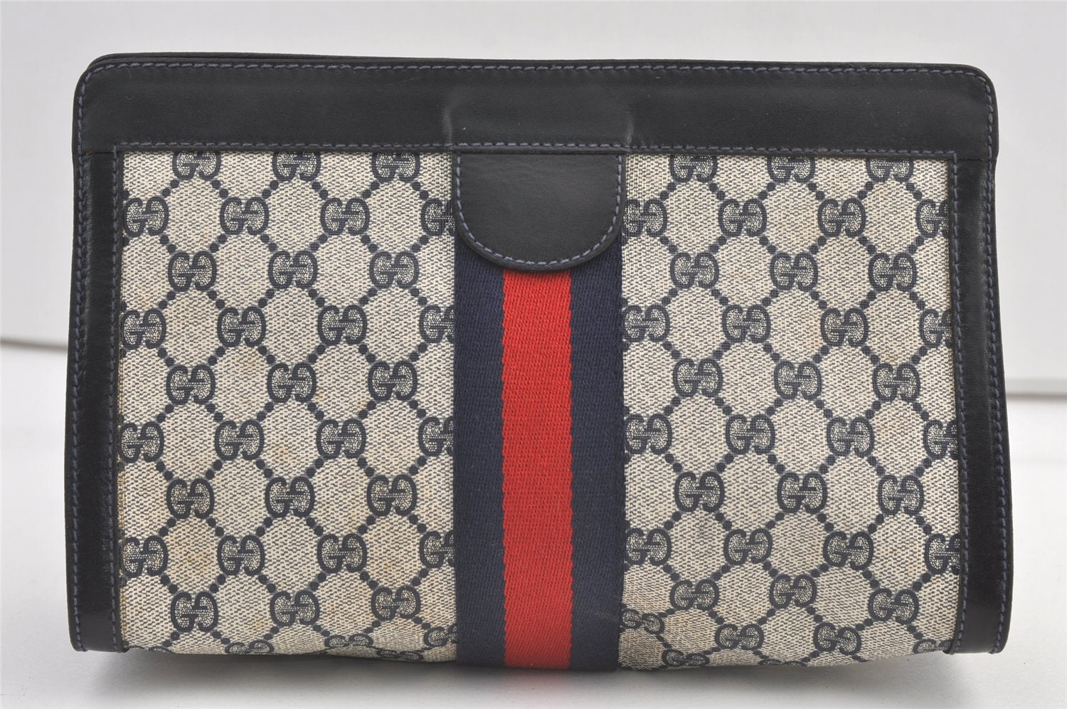 Authentic GUCCI Sherry Line Clutch Hand Bag GG PVC Leather Navy Blue Junk 9147J