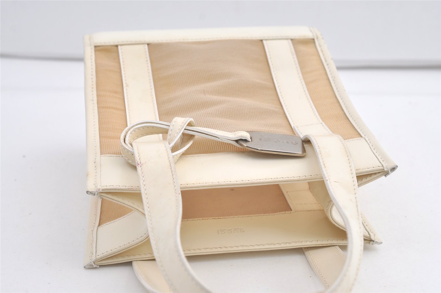 Authentic GUCCI Vintage Hand Bag Purse Mesh Leather Cream White 9148J