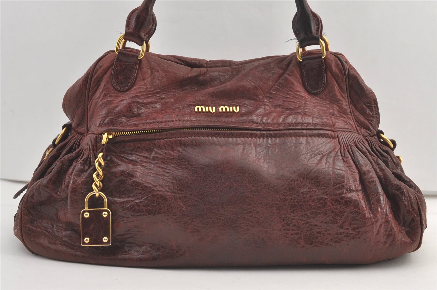 Authentic MIU MIU Vintage Leather 2Way Shoulder Tote Bag Wine Red 9151J