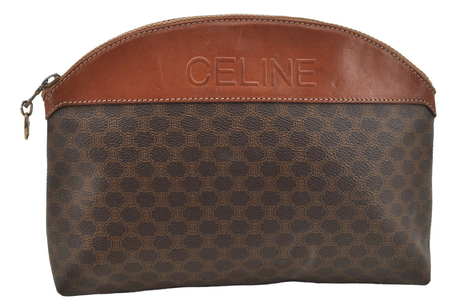 Authentic CELINE Vintage Macadam Blason Pattern Pouch PVC Leather Brown 9162I