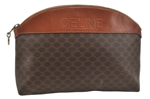 Authentic CELINE Vintage Macadam Blason Pattern Pouch PVC Leather Brown 9162I