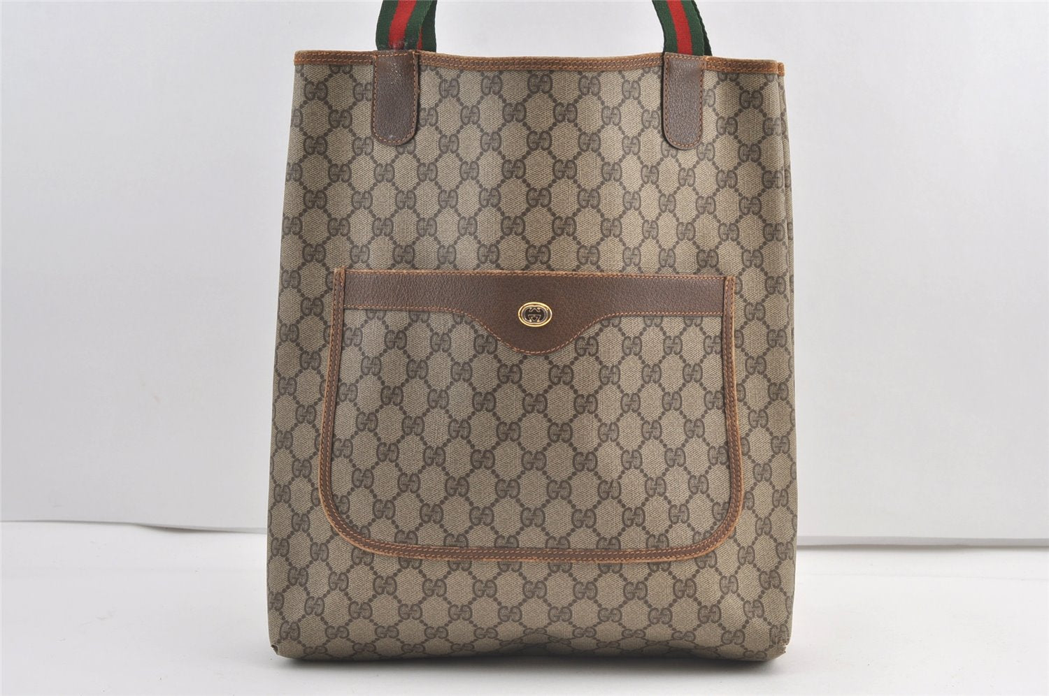 Authentic GUCCI Web Sherry Line Shoulder Tote Bag GG PVC Leather Brown 9162J