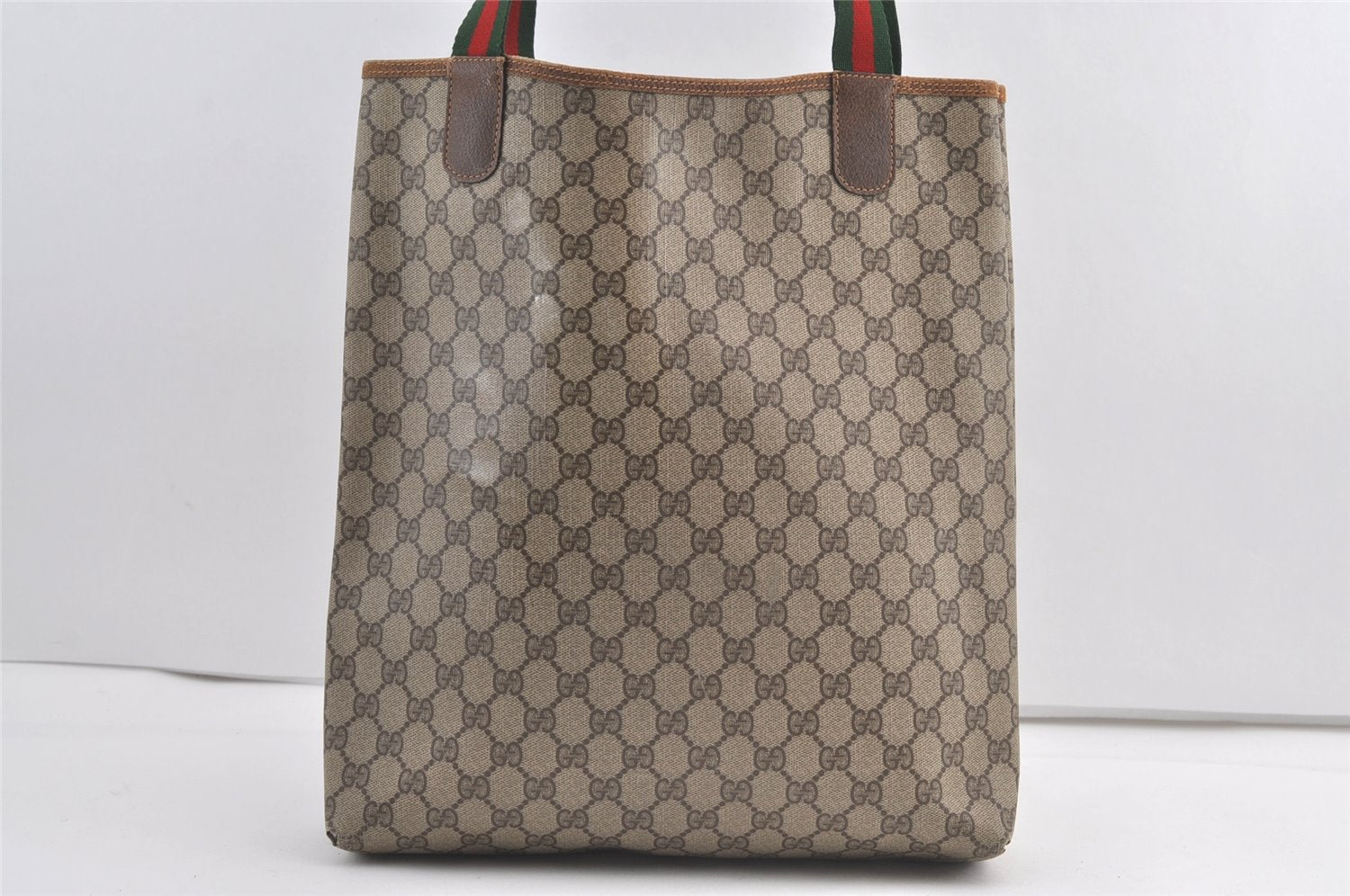 Authentic GUCCI Web Sherry Line Shoulder Tote Bag GG PVC Leather Brown 9162J