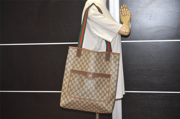 Authentic GUCCI Web Sherry Line Shoulder Tote Bag GG PVC Leather Brown 9162J