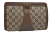 Authentic GUCCI Web Sherry Line Clutch Hand Bag GG PVC Leather Brown Junk 9166I