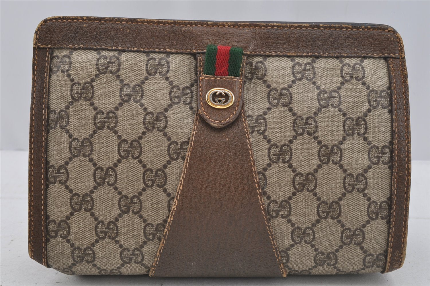 Authentic GUCCI Web Sherry Line Clutch Hand Bag GG PVC Leather Brown Junk 9166I