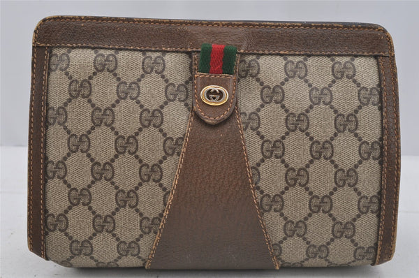 Authentic GUCCI Web Sherry Line Clutch Hand Bag GG PVC Leather Brown Junk 9166I