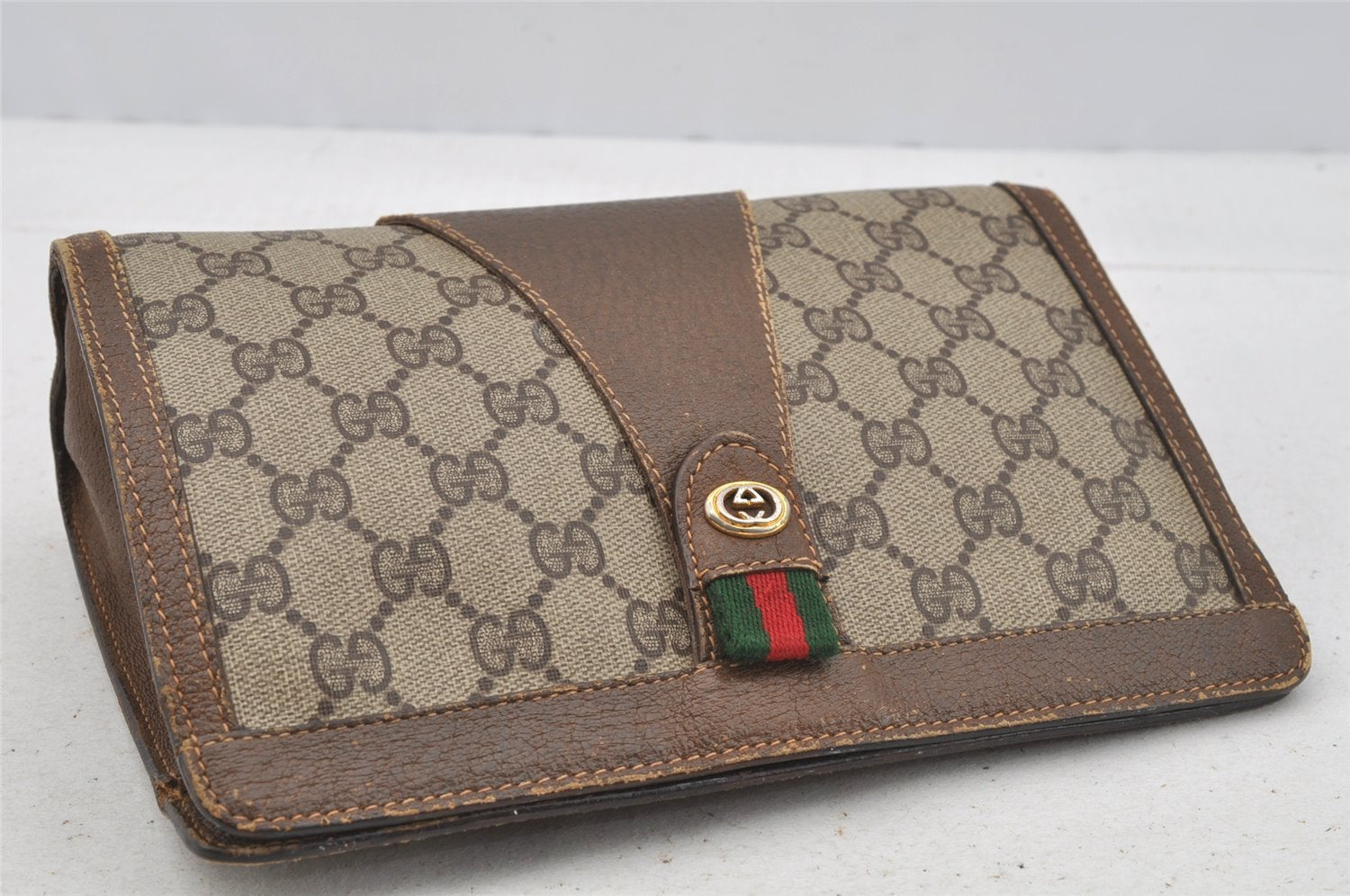 Authentic GUCCI Web Sherry Line Clutch Hand Bag GG PVC Leather Brown Junk 9166I