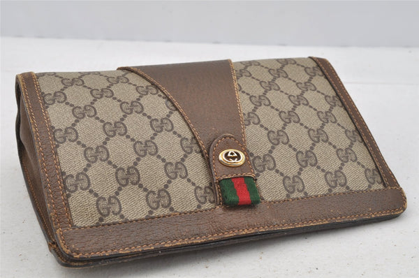 Authentic GUCCI Web Sherry Line Clutch Hand Bag GG PVC Leather Brown Junk 9166I