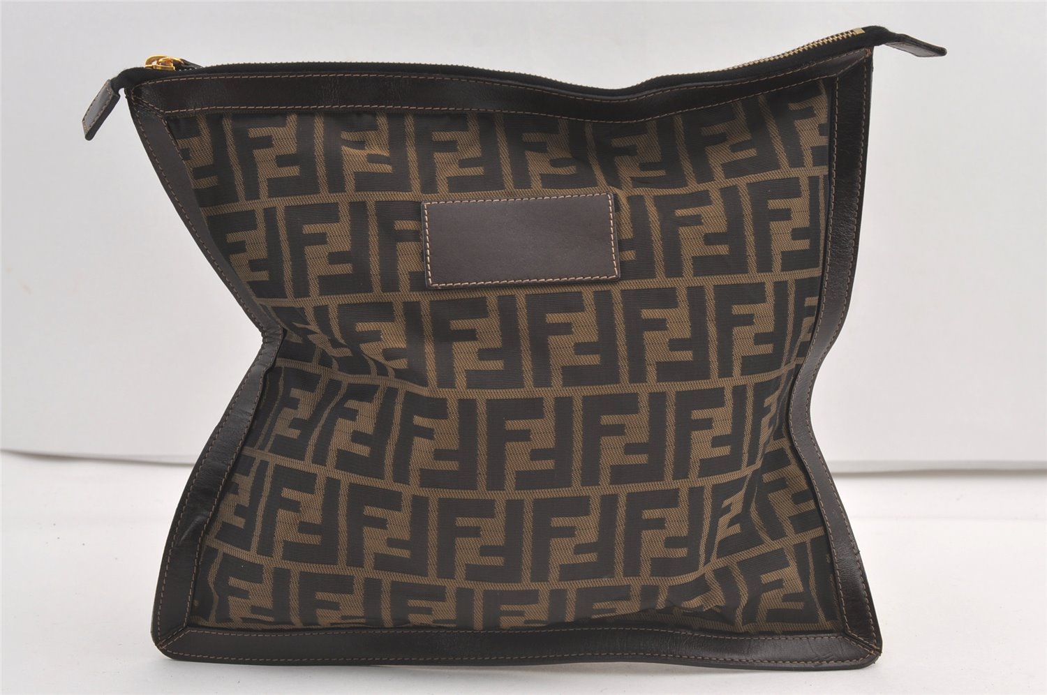 Authentic FENDI Zucca Clutch Hand Bag Purse Nylon Leather Brown Black 9167J